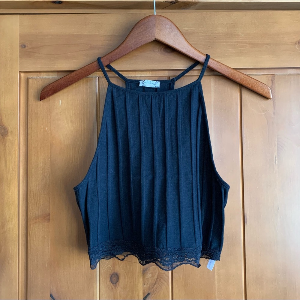Free People black halter cropped lace tank top